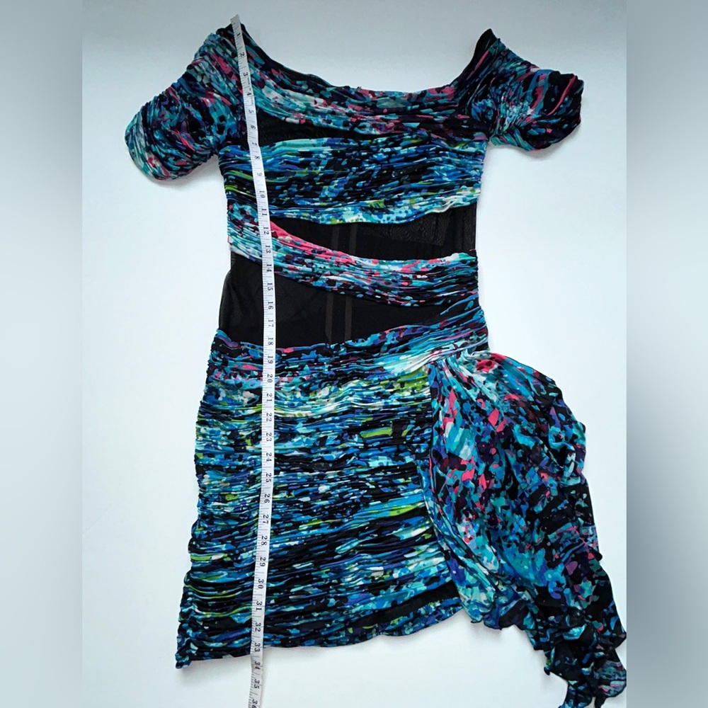 BCBG MaxAzria Runway Dutch Blue Print Jersey‎ Mesh Cap Sleeve Bodycon Dress M - Picture 14 of 16
